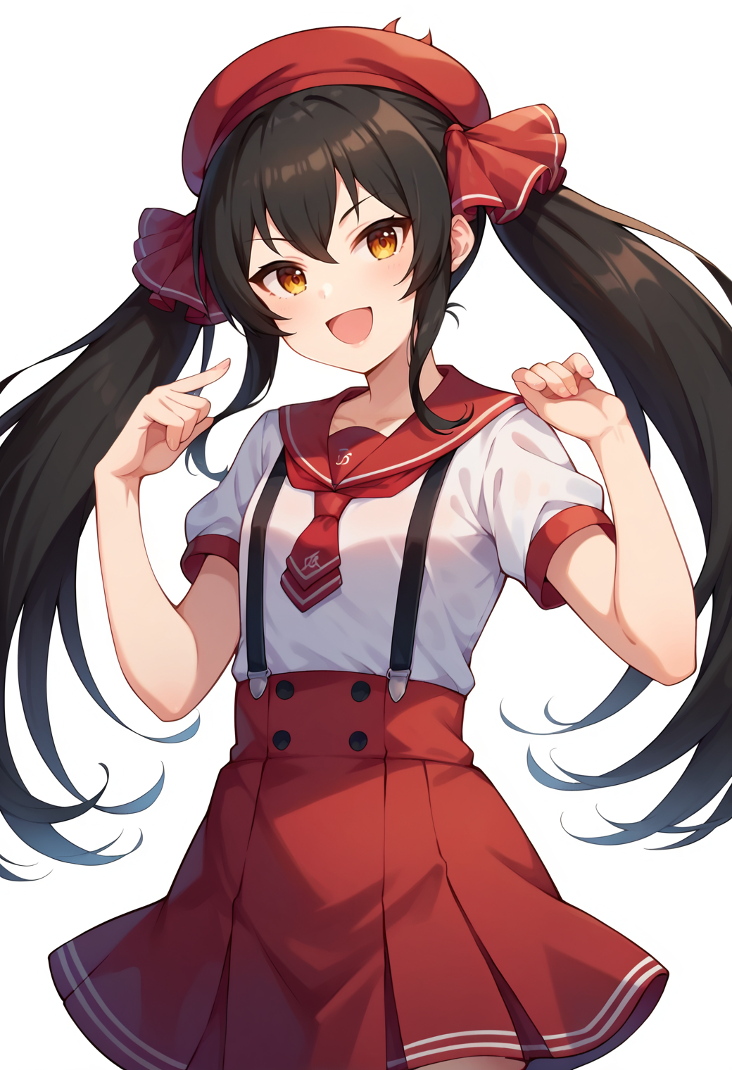 score_9, score_7_up, hd, (ultra hd quality details), source_anime,
solo, 1girl, risamasbase, black hair, twintails,
ambteeuniform, school uniform, beret, red sailor collar, red ribbon, hair ribbon, red ribbon, short sleeves, necktie, pleated skirt, red skirt, suspenders, suspender skirt,
looking at viewer, smile, open mouth, 
standing, hand up, 
<lora:_risa_matoba-elesico-pony:0.9>