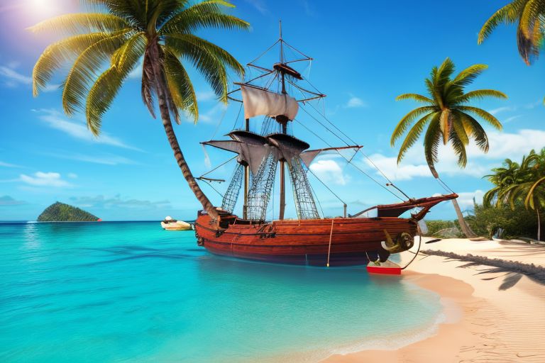 (masterpiece:1.2), (best quality,:1.2), 8k, HDR, ultra detailed, ((photorealistic)),  a pirate ship anchored at a beach, waving palm trees. afternoon sun, blue sky, calm sea, no people, professional light, cinematic lighting, ambient lighting, sunset,