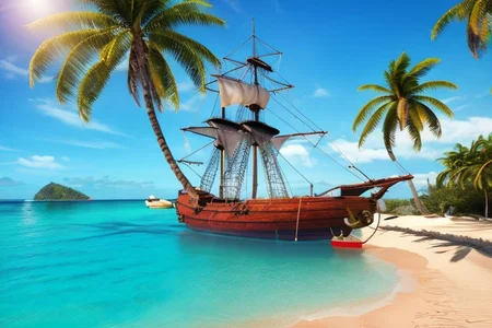 (masterpiece:1.2), (best quality,:1.2), 8k, HDR, ultra detailed, ((photorealistic)), a pirate ship anchored at a beach, waving palm trees. afternoon sun, blue sky, calm sea, no people, professional light, cinematic lighting, ambient lighting, sunset,