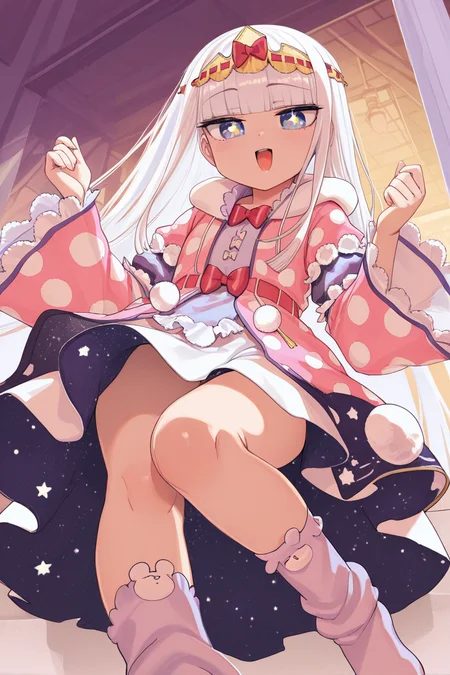masterpiece, best quality, amazing quality,
 <lora:Syalis_IL:1> syalis, 1girl, star in eye, long hair, symbol in eye, solo, open mouth, bangs, socks, dress, blunt bangs, smile, long sleeves, star (symbol), wide sleeves, looking at viewer, polka dot, default outfit