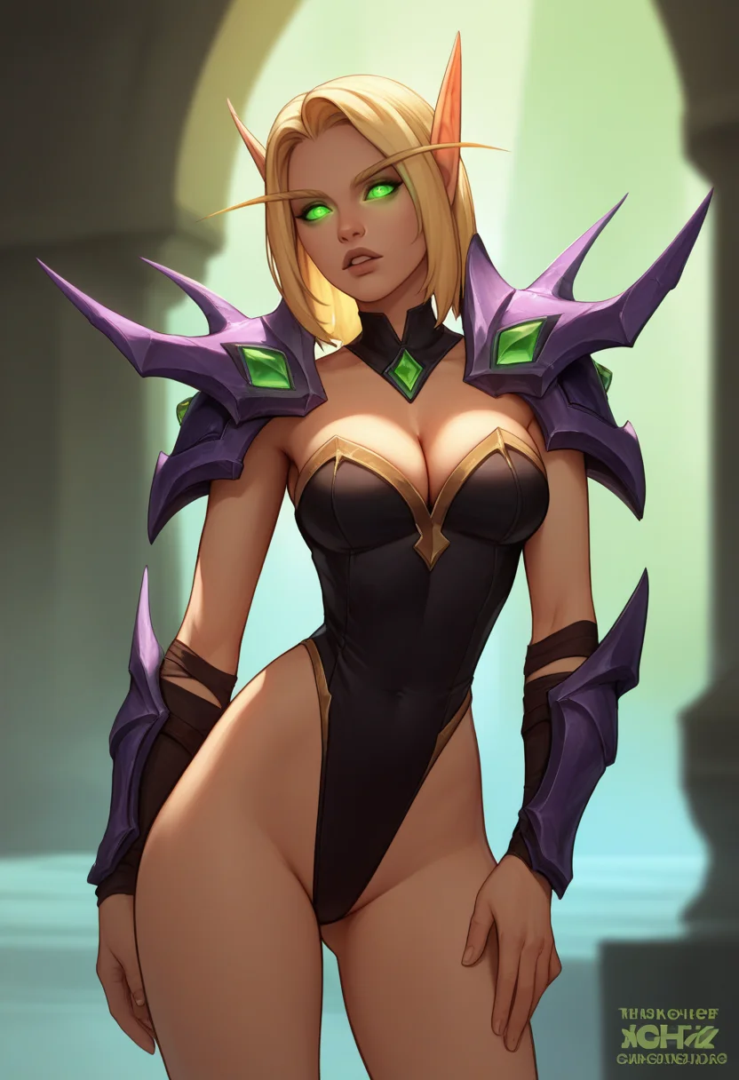 score_9, score_8_up, score_7_up, source_anime BREAK 1girl, solo, <lora:bloodelf-wc-richy-v1_pdxl:1> bldelf, pointy ears, colored sclera, green eyes, glowing eyes, standing, leotard, blonde hair, shoulder armor, parted lips, cleavage