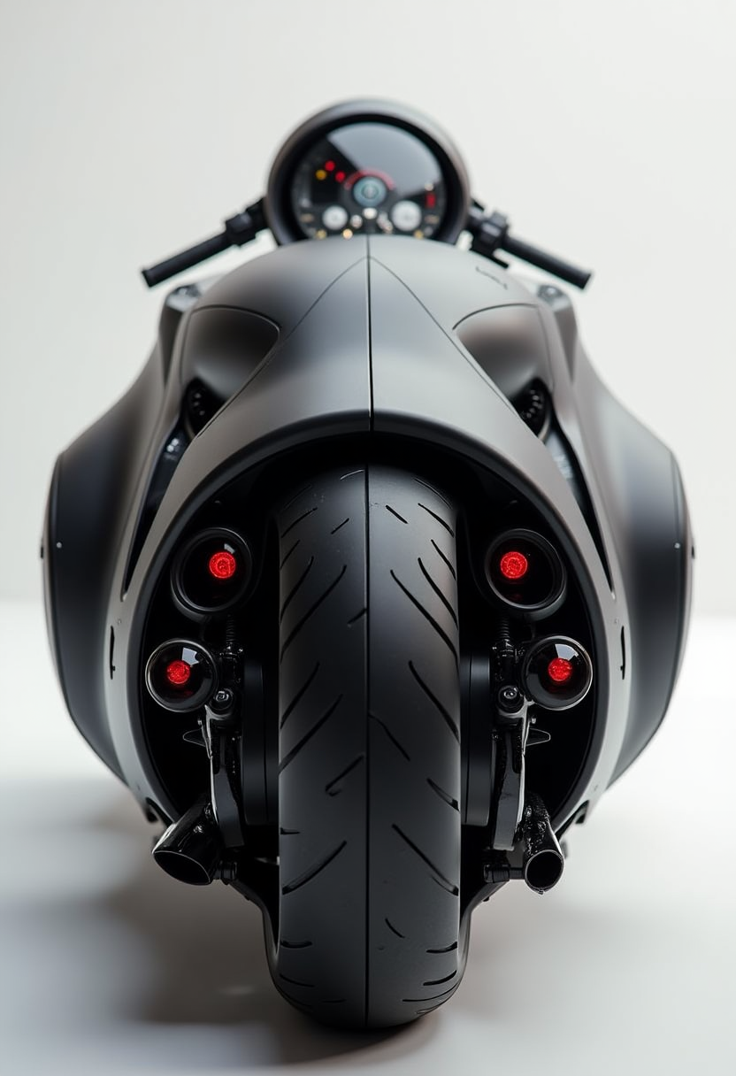 YFG-Rounded A stealth ellipse motorcycle with matte black curves, ring LED brake lights, and minimal instrumentation for an ultra-sleek riding experience.