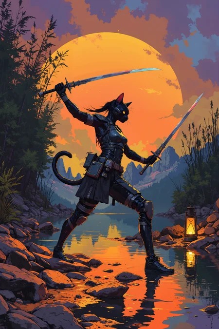 On the edge of a tranquil lake that mirrors the fiery hues of a setting sun, a lithe, cat-like warrior with sleek, jet-black fur practices a deadly dance of blades. Her twin scimitars, shimmering with an iridescent light, slice through the air with precision, each movement flowing seamlessly into the next. She wears lightweight armor crafted from flexible, dark leather adorned with silver accents, allowing her unparalleled agility as she spins, leaps, and strikes at invisible foes. The lake is surrounded by towering reeds that sway gently in the cool evening breeze, their rustling creating a rhythmic backdrop to her movements. The sky is a tapestry of oranges, purples, and golds, reflected perfectly in the glass-like surface of the water, which ripples slightly as her movements disturb the stillness. Nearby, a lone lantern glows softly, casting a warm light on her practice area, its flickering flame adding to the ethereal beauty of the scene. Her sharp, golden eyes are locked in intense concentration, her ears flicking occasionally as she tunes out the world around her. Each strike of her blades creates a faint hum in the air, as though the weapons themselves are alive with latent energy. The scene is one of grace and lethal precision, a predator honing her craft with unwavering focus. , detailed background Fantastic lighting. Detailed shadows.intricate details, vivid colors, hyper-detailed, ultra-sharp, High resolution, high detail. Highly detailed. ,in the style of cksc,anime, cyberpunk, DB4RZ, DB4RZ style painting <lora:CPA:0.5><lora:FLUX-daubrez-DB4RZ:0.3><lora:Luminous_Shadowscape-000016:0.3><lora:ck-shadow-circuit-000021:0.35>