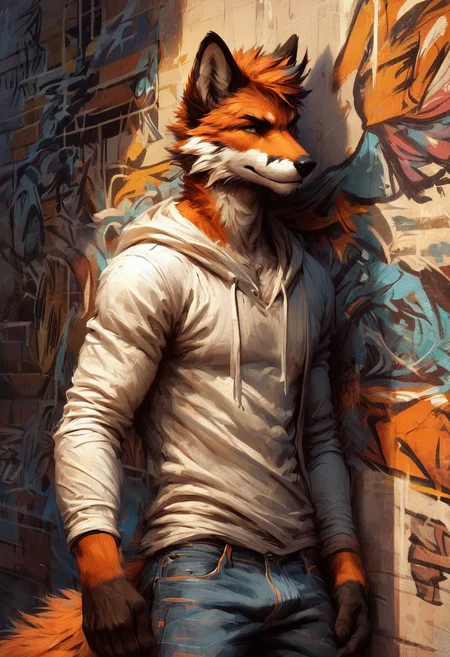 Masterpiece, score_9, score_8_up, confident male fox anthro, orange fur with white accents, wearing a stylish hoodie and jeans, leaning against a wall with graffiti, playful smirk, rgtexture