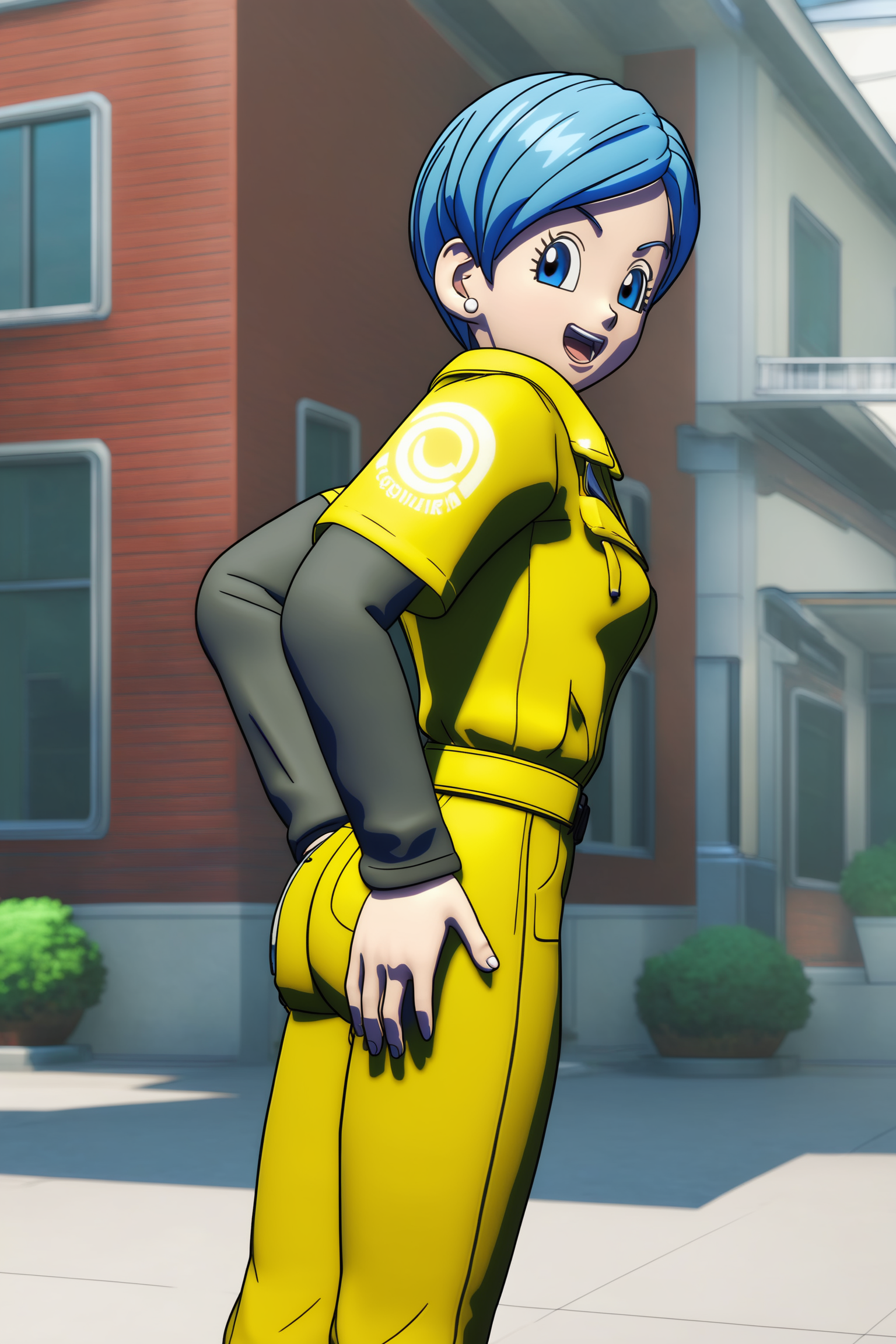 source_anime, score_9, score_8_up, score_7_up, anime screencap, absurd res, high quality, 
bulma, super, dragon ball super super hero, yellow jumpsuit outfit, 3d animation, 1girl, solo, breasts, smile, very short hair, side swept hair, open mouth, blue eyes, fingernails, blue hair, stud earrings, cowboy shot, belt, upper teeth, hand on own ass, looking at ass, yellow jumpsuit, black undershirt, short over long sleeves, layered sleeves
<lora:DB_Bulma_v2-000046:0.8>