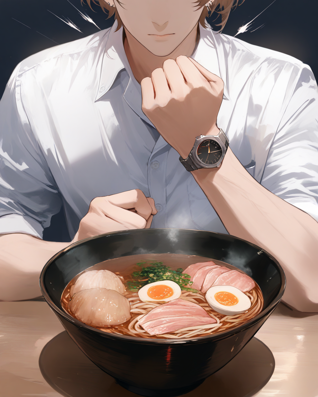 1boy, KagamiHayatoNijisanji, 
safe, male focus, food focus, realistic, upper body, 
(newtype flash), head out of frame,
doyagao,
collared shirt, 
wristwatch, clenched hand,
simple background,
table, ramen, 
<lora:kp_KagamiHayatoNijisanjiAnimagineXL_v1_1:1.0>,
masterpiece, high score, great score, absurdres