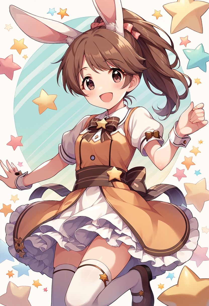 score_9, score_8_up, score_7_up, source_anime,shiina noriko, brown hair, brown eyes, ponytail, 1girl, animal ears, rabbit ears, thighhighs, smile, open mouth, solo, bow, short sleeves, dress, star (symbol), blush