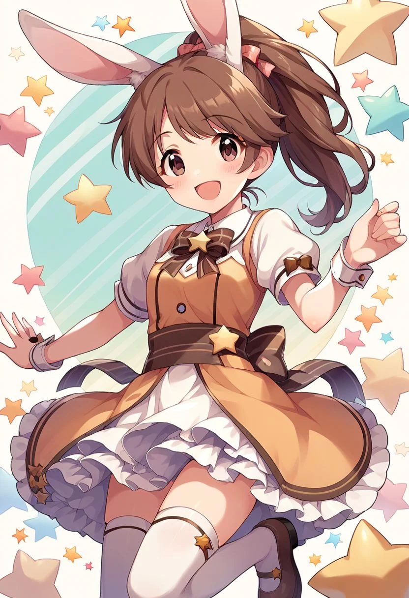 score_9, score_8_up, score_7_up, source_anime,shiina noriko, brown hair, brown eyes, ponytail, 1girl, animal ears, rabbit ears, thighhighs, smile, open mouth, solo, bow, short sleeves, dress, star (symbol), blush