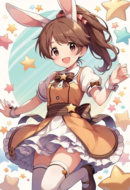 score_9, score_8_up, score_7_up, source_anime,shiina noriko, brown hair, brown eyes, ponytail, 1girl, animal ears, rabbit ears, thighhighs, smile, open mouth, solo, bow, short sleeves, dress, star (symbol), blush