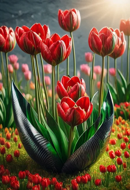 score_9, score_8_up, score_8, masterpiece, high detailed, very detailed, HD, best quality, hyper detailed, ultra detailed, super realistic, close-up, macro 100mm, macro photography,
cf_style, red tulips, red and green color theme, , , , , , , , , , , , , textured composition, , , , , soft lighting, red carbon tulips) Let it be a magical garden filled with exotic plants and bright buds. The background can be blurred to focus on the colors.
dynamic angle, dynamic lighting,