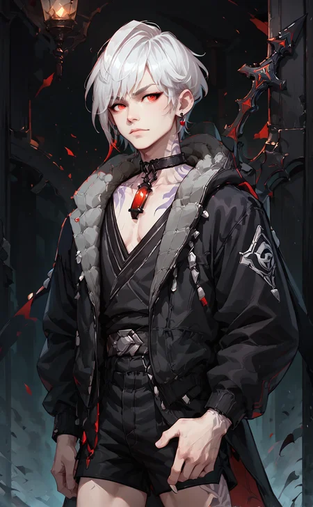 score_9_up, score_8_up, score_7_up, score_6_up, 1boy, solo, male focus, haste, slim, white hair, short hair, red eyes, pale white skin, tattoo, black jacket with grey fur trim, black choker with red cylinder gem pendant, black low cut undershirt, short shorts, belt, cross earring, partial portrait, dark fantasy art, grimdark, best_quality, masterpiece, dark cold color scheme, valorant style, dvs, head down, <lora:sxz-valorant-smol-v2-pdxl:0.2> <lora:Concept Art DarkSide Style LoRA_Pony XL v6:0.55> <lora:Haste_-_Epic_Seven_Pony-000009:0.85>