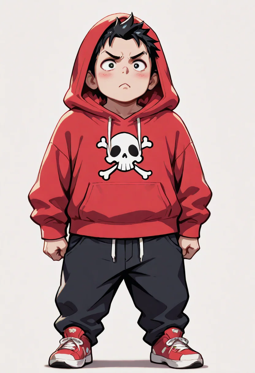 high contrast, masterpiece, best quality, amazing quality, very aesthetic, promotional art, newest, volumetric lighting, hyper detailed.
chibi, 1boy, five year old, elementary school, solo, full body, stand up, arms at sides, neutral expression, front view, red hoodies, Jolly Roger, loose pants, black pants, red sneakers, luminescent background, simple background.
