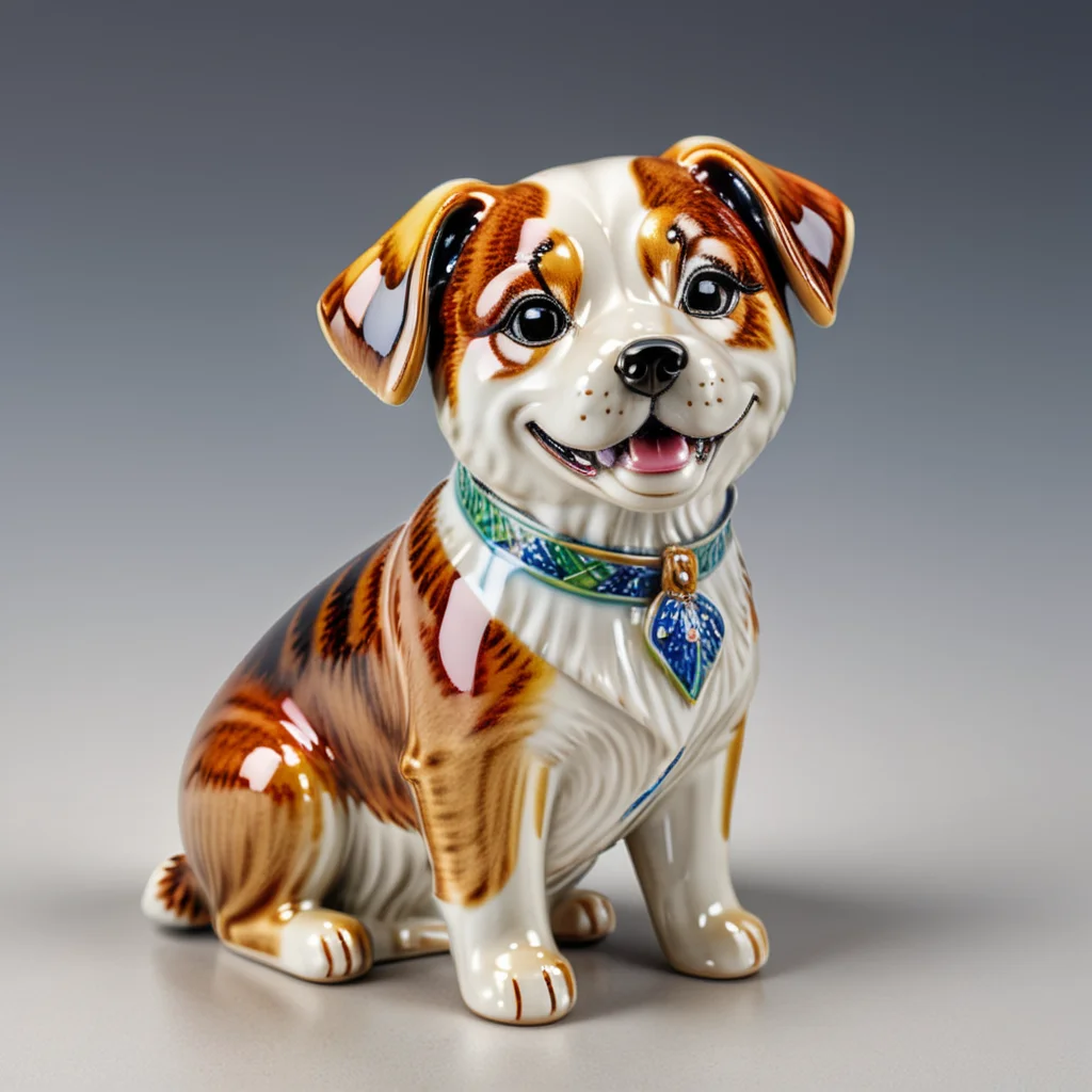 A beautifully crafted colorful ceramic and porcelain figurine of a dog, colorful HDR background <lora:CeramicXL_LoRA:1>