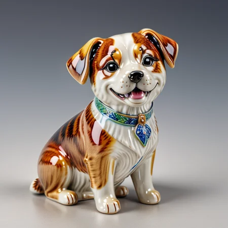 A beautifully crafted colorful ceramic and porcelain figurine of a dog, colorful HDR background <lora:CeramicXL_LoRA:1>