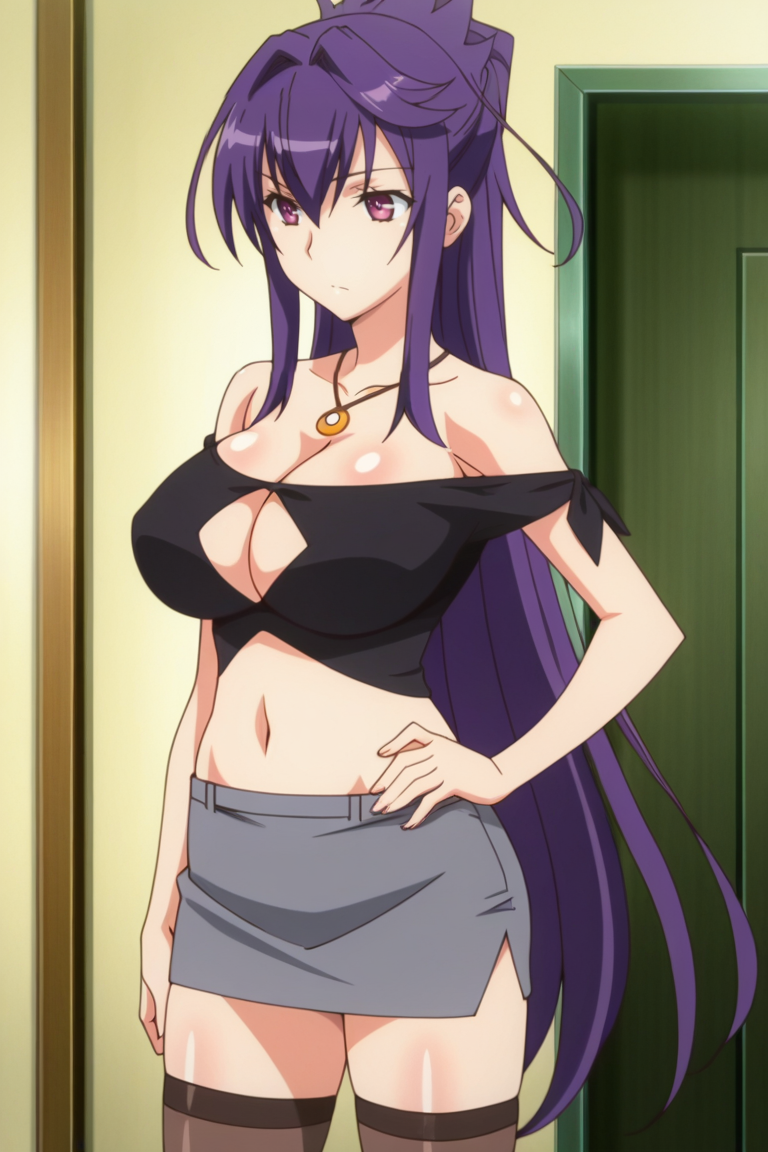 masterpiece , source_anime, ,, ,1girl, breasts, solo, large breasts, long hair, skirt, cleavage, thighhighs, purple hair, jewelry, midriff, navel, necklace, very long hair, purple eyes, clothing cutout, bare shoulders, hand on hip, grey miniskirt