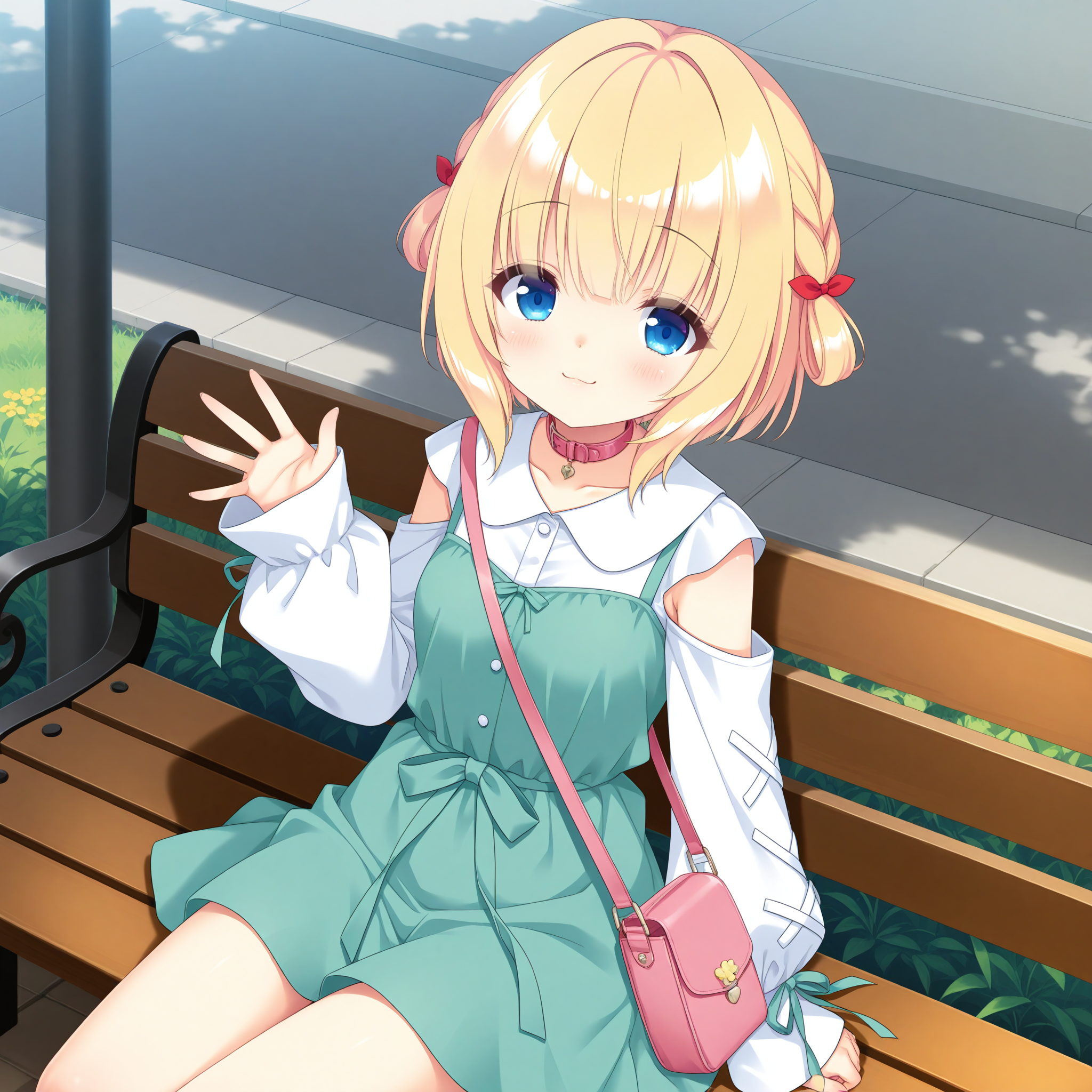 incredibly absurdres,absurdres,highres,
<lora:Inuya_Komaru_1_nai-000042:1>,Inuya Komaru,short hair,blonde hair,blue eyes,
hair ornament,shoulder cutout,white shirt,collar,puffy long sleeves,sleeves past wrists,clothing cutout,green dress,puffy sleeves,detached sleeves,shoulder bag,pink bag,
1girl,solo,smile,sitting,on bench,waving,front view,looking at viewer,