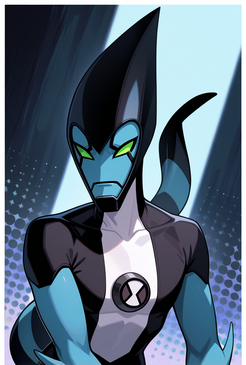 <lora:xlr8-10:1> xlr8, blue skin, green eyes, stripped tail, green sclera, pokemon (creature), alien, black chin,, masterpiece, best quality, amazing quality, very aesthetic, absurdres, newest,, upper body, halftone effect, white borders, abstract background:1.2,