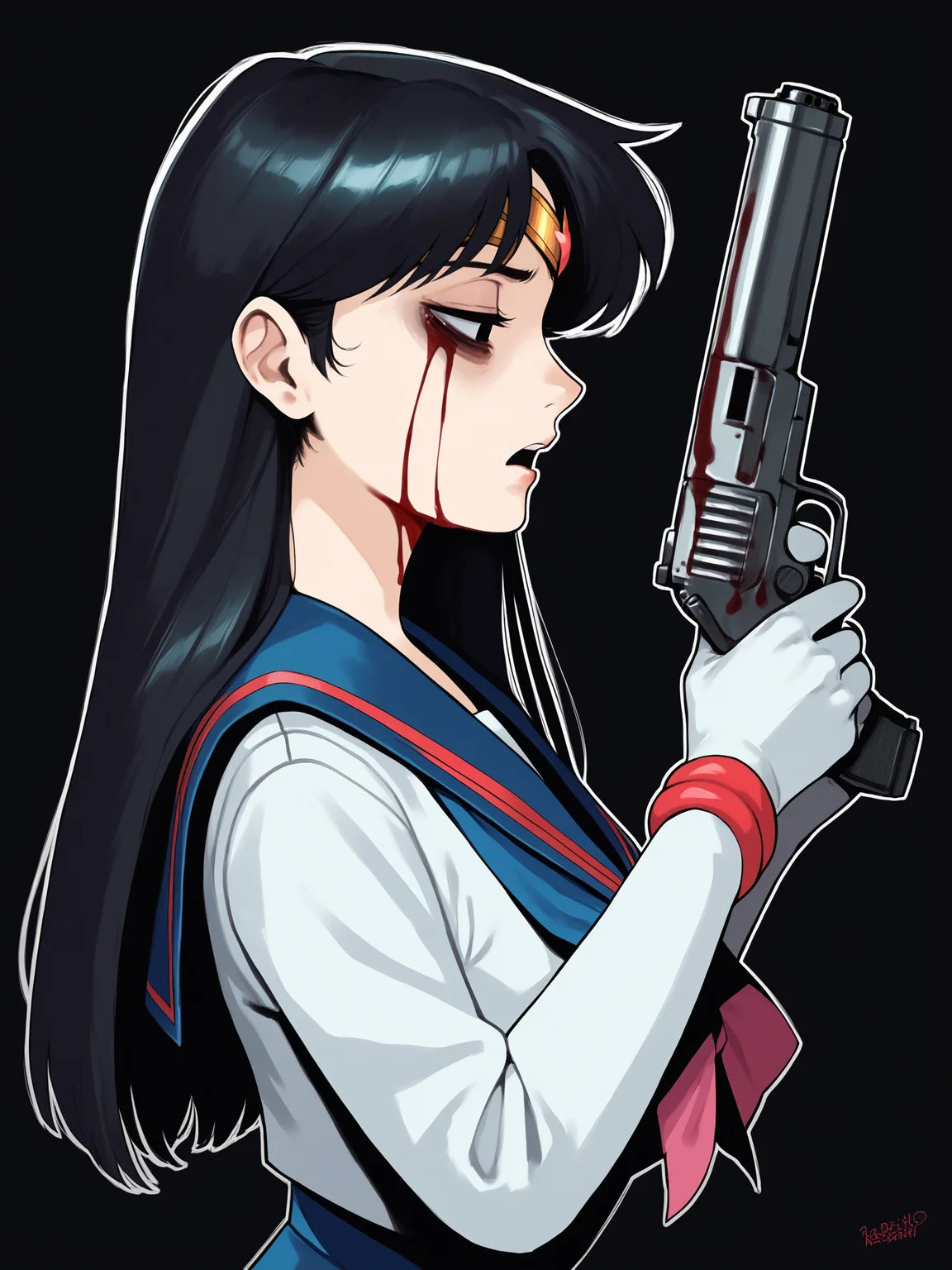 score_9, score_8_up, score_7_up, score_6_up, score_5_up, score_4_up, rating_safe
BREAK
sailor mars, circlet, black hair, black eyes, looking away, tired, half-closed eyes, bags under eyes, sigh, open mouth, looking down, blood on face, blood splatter,
BREAK
solo, portrait, magical girl, red serafuku, from side, holding gun, handgun, blood on weapon,
BREAK
black background, <lora:Lunas-HeroNeisan-SDXL-A1:1>