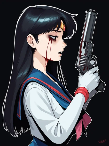 score_9, score_8_up, score_7_up, score_6_up, score_5_up, score_4_up, rating_safe
BREAK
sailor mars, circlet, black hair, black eyes, looking away, tired, half-closed eyes, bags under eyes, sigh, open mouth, looking down, blood on face, blood splatter,
BREAK
solo, portrait, magical girl, red serafuku, from side, holding gun, handgun, blood on weapon,
BREAK
black background, <lora:Lunas-HeroNeisan-SDXL-A1:1>