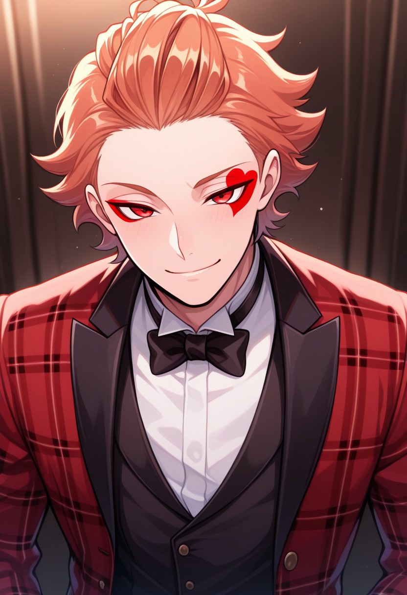masterpiece,best quality,amazing quality, source_anime, 
acetrappola, 1boy, male focus, solo, red eyes, orange hair, hair slicked back, facial tattoo, heart tattoo, formal, shirt, white shirt, collared shirt, black bowtie, vest, black vest, jacket, red jacket, plaid jacket, open jacket,  smile,