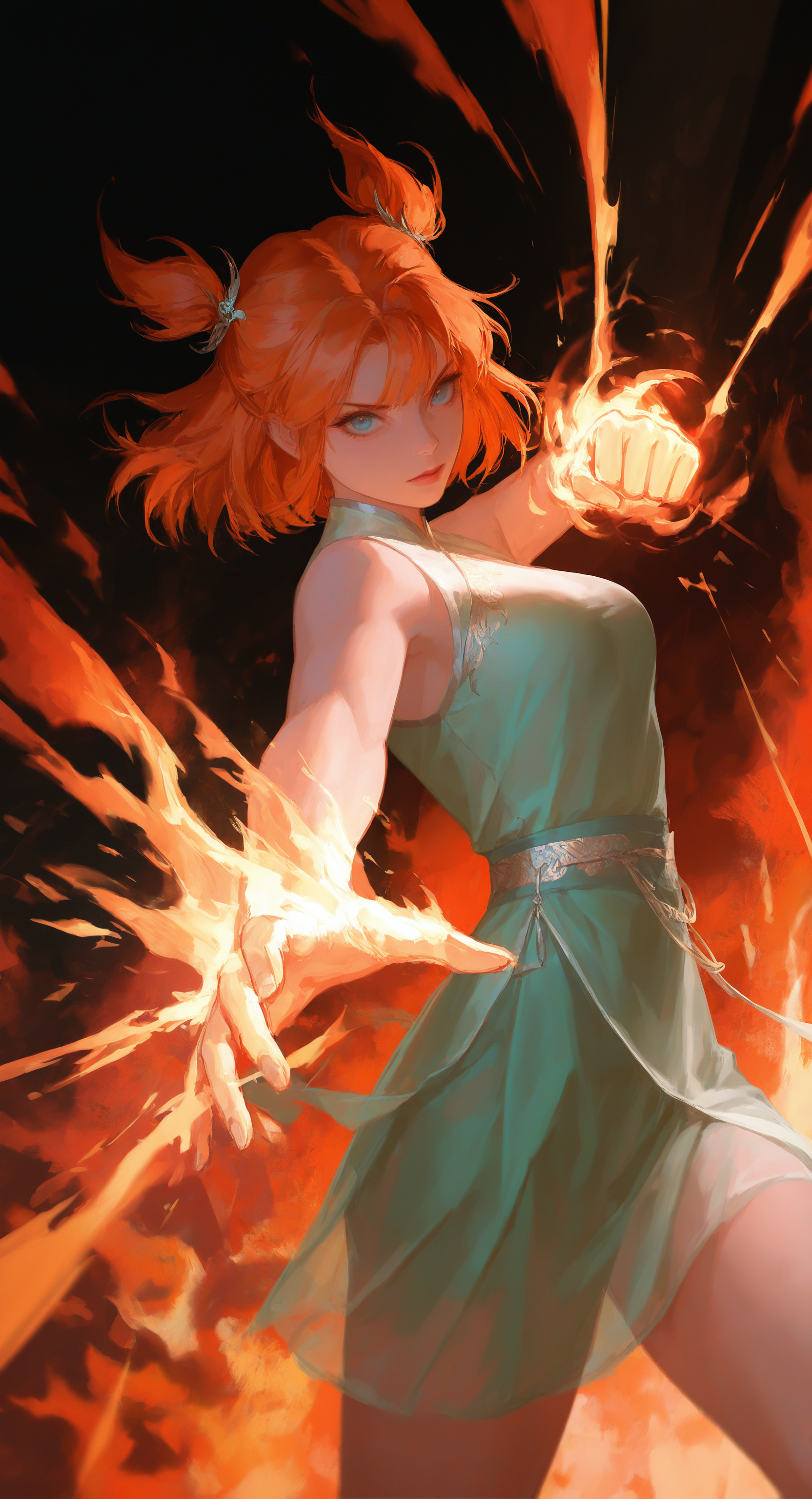 masterpiece, best quality, good quality, very awa,highres, very aesthetic, absurdres, newest,1girl, delicate hanfu,see-through, Chinese Girl, Blue eyes, falcon punch, flaming hand, medium breasts, two side up, orange hair, punching, solo, speed lines, standing.
looking_at_viewer, Short skirt,determined, Chinese clothes,sleeveless,Tightened belt, Dutch Angle,low view, <lora:spo_sdxl_10ep_4k-data_lora_webui:0.6> <lora:ponyv5_noobV065S_1_adamW-000013:0.7> <lora:USNR_STYLE_XL_lokr:0.45> <lora:zzziGnXL_il_lokr_V531:0.45> <lora:96YOTTEA-WAI:0.39>