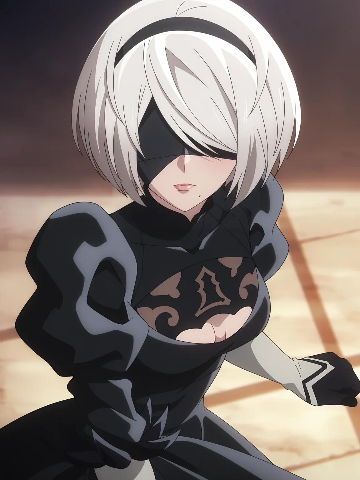 masterpiece,best quality,amazing quality, <lora:2B_Character:0.8>, yorha_no._2_type_b, 1girl, solo, hairband, silver_hair, short_hair, blindfold, covered_eyes, mole_under_mouth, black_dress, puffy_sleeves, feather-trimmed_sleeves, long_sleeves, cleavage_cutout, clothing_cutout, medium_breasts, white_leotard, vambraces, gloves, dynamic view