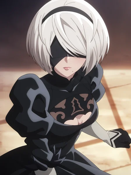 masterpiece,best quality,amazing quality, <lora:2B_Character:0.8>, yorha_no._2_type_b, 1girl, solo, hairband, silver_hair, short_hair, blindfold, covered_eyes, mole_under_mouth, black_dress, puffy_sleeves, feather-trimmed_sleeves, long_sleeves, cleavage_cutout, clothing_cutout, medium_breasts, white_leotard, vambraces, gloves, dynamic view