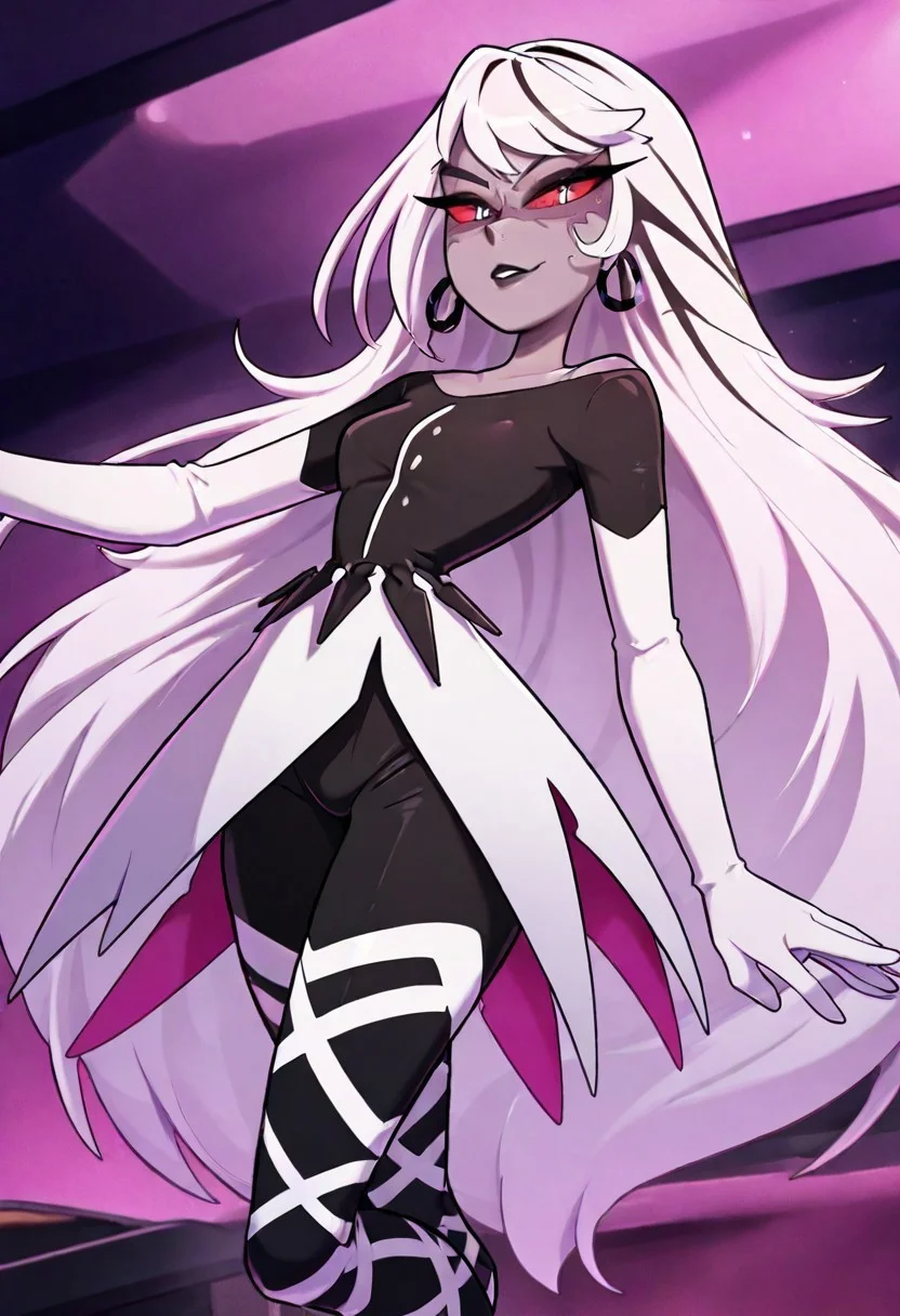 masterpiece, best quality, newest, absurdres, highres,
HHOVP-CAC.V1.0-LH, hair down, loose hair, very long hair, grey skin, hoop earrings, earrings, white hair, black bodysuit, balerina, facial mark, black lips, white elbow gloves, elbow gloves,