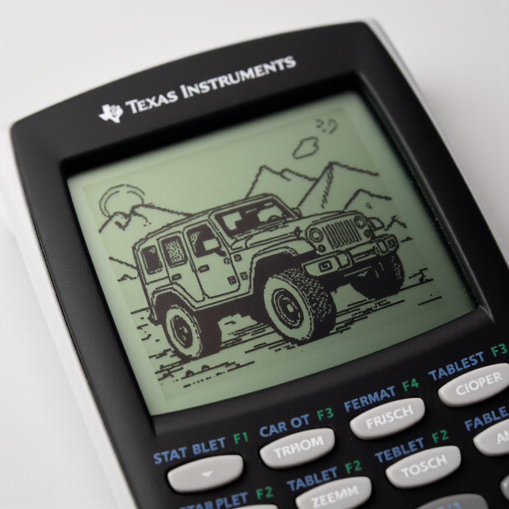 <lora:Texas_Instruments_Graphing_Calculator_Art_FLUX-000015:0.9>
The image is a photograph of a Texas Instruments TI-84 graphing calculator, specifically focused on its screen displaying a pixelated drawing of a  a jeep driving in the mountains