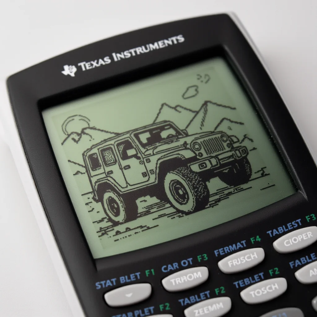 <lora:Texas_Instruments_Graphing_Calculator_Art_FLUX-000015:0.9>
The image is a photograph of a Texas Instruments TI-84 graphing calculator, specifically focused on its screen displaying a pixelated drawing of a a jeep driving in the mountains