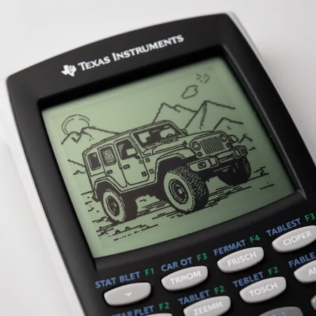 <lora:Texas_Instruments_Graphing_Calculator_Art_FLUX-000015:0.9>
The image is a photograph of a Texas Instruments TI-84 graphing calculator, specifically focused on its screen displaying a pixelated drawing of a  a jeep driving in the mountains