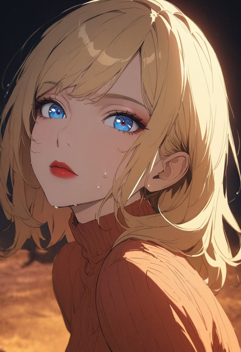 1woman, gorgeous lips, blue eyes, blonde hair, ponytail, side bangs, medium breasts, closed mouth, medium length hair
(masterpiece), (best quality), (ultra-detailed), very aesthetic, illustration, detailed eyes, perfect eyes, detailed face, (beautiful detailed face, beautiful detailed eyes) ,extreme details eyes masterpiece, best quality, amazing quality, very aesthetic, (flat colors:1), (Artist:ilya kuvshinov:1), (Artitst: incase0.65), open eyes, angle, (motion lines:0.3), (motion blur:0.3), mature female, , BREAK dynamic light, warm_light, vibrant colors warm_colors, soft focus, high contrast, textured surfaces, depth of field, golden hour lighting, rich details, nature-inspired color palette, BREAK 
ligne claire outlines for clarity and structure, standing in bioluminescent green ocean up to her thighs, next to a tropical beach, wet hair and skin, red lips, sexy, seductive, direct gaze, silhouetted, chiascuro, dark night, clear sky with stars, directional lighting