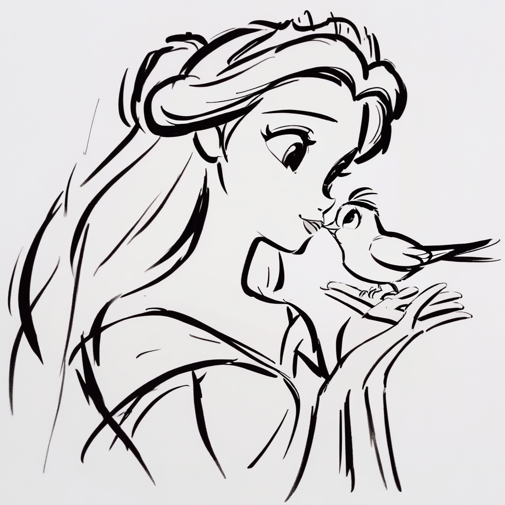 stexsketch, 1girl, cute, bird on hand, looking at the bird, thoughtful, greyscale