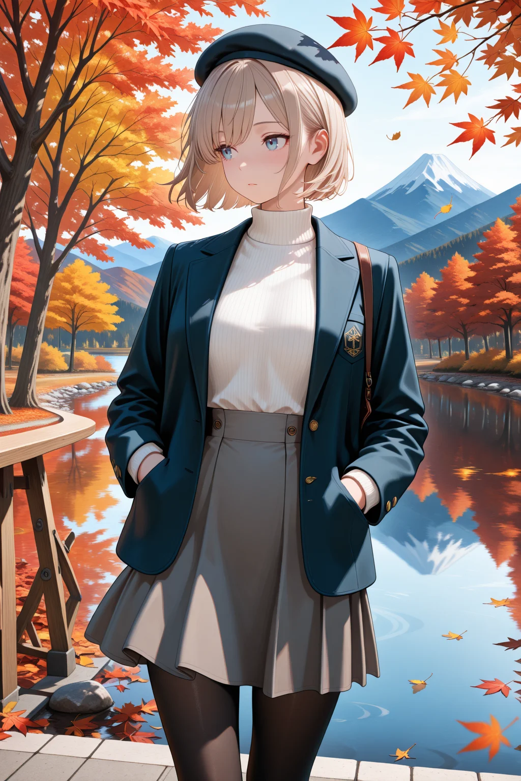 lazypos, looking to the side, 1girl, short hair, light brown hair, blue eyes, beret, blazer, turtleneck, high-waist skirt, pantyhose, hands in pocket, outdoors, autumn, lake, tree, mountain, falling leaves, wind <lora:super_secret_lora_not_released:5> <lora:TrendCraft_The_Peoples_Style_Detailer-v1.0A-3_13_2025-illustrious:0.2>