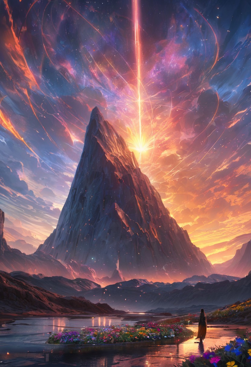 (raytracing, best quality, 8k, high res, masterpiece:1.2), photorealistic, ultra-detailed, A breathtaking celestial landscape at dusk, where the sky is ablaze with a spectacular meteor shower. Bright streaks of light cascade across the horizon, illuminating the rugged mountains and casting shimmering reflections on a tranquil lake below. The foreground features a field of vibrant wildflowers, their colors enhanced by the ethereal glow of the meteors. Wisps of luminescent fog curl around the base of the mountains, adding an air of mystery. In the distance, a towering ancient stone monolith stands sentinel, covered in glowing runes that pulse gently in response to the cosmic display above. Ethereal beings, resembling wisps of light, dance among the meteors, creating an enchanting atmosphere of wonder and magic