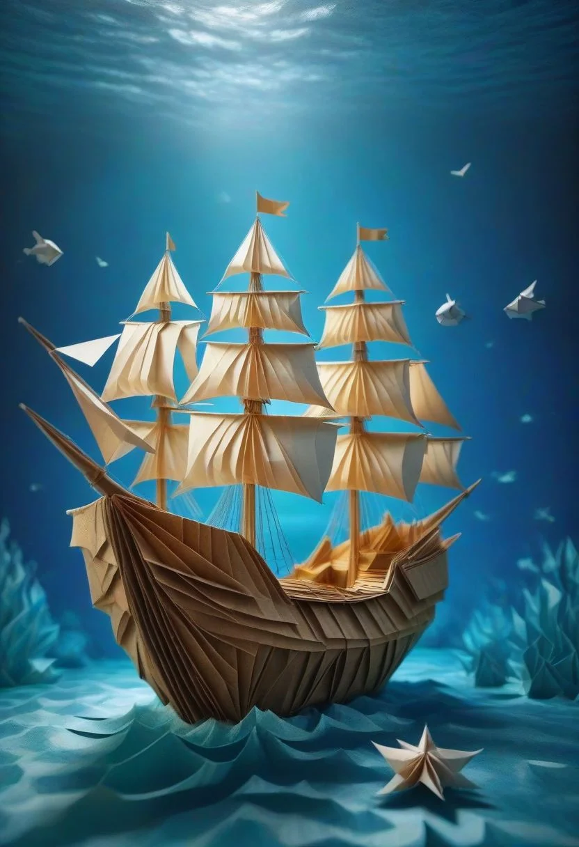 Pirate ship made of origame folded paper, swimming in a paper sea