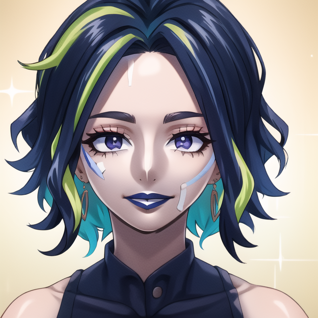 (masterpiece), (high res), 4k, ((best quality)), beautiful face, detailed face, ultra-detailed, upright,  ((((head shot, face focus, lip focus, close up face shot))), open eyes, (looking at viewer, facing viewer)), 1girl, solo, white background, neon glow, yellow gradient hair, orange highlights, hoop earrings, dark-skinned female, tattoo, colored skin, bright makeup, female, BREAK,  (yamanba, white facepaint makeup:1.3), face stickers, large smile, dark blue lips, parted lips,very dark skin, green eyeshadow, heavy eyeshadow, makeup,dark bronze skin, white face tattoo, (<lora:nagant:.8> 1girl, short hair, neon green hair, multicolored hair, purple eyes,) plump lips, wide lips, ((<lora:ColoredLipstick:1> (lipstick, glossy lips, dark blue lipstick))), bimbo lips, <lora:horikoshi_kouhei-000030:.5> horikoshi kouhei, <lora:big_hair-1.0:1> big hair,  <lora:Kuroko:.8>