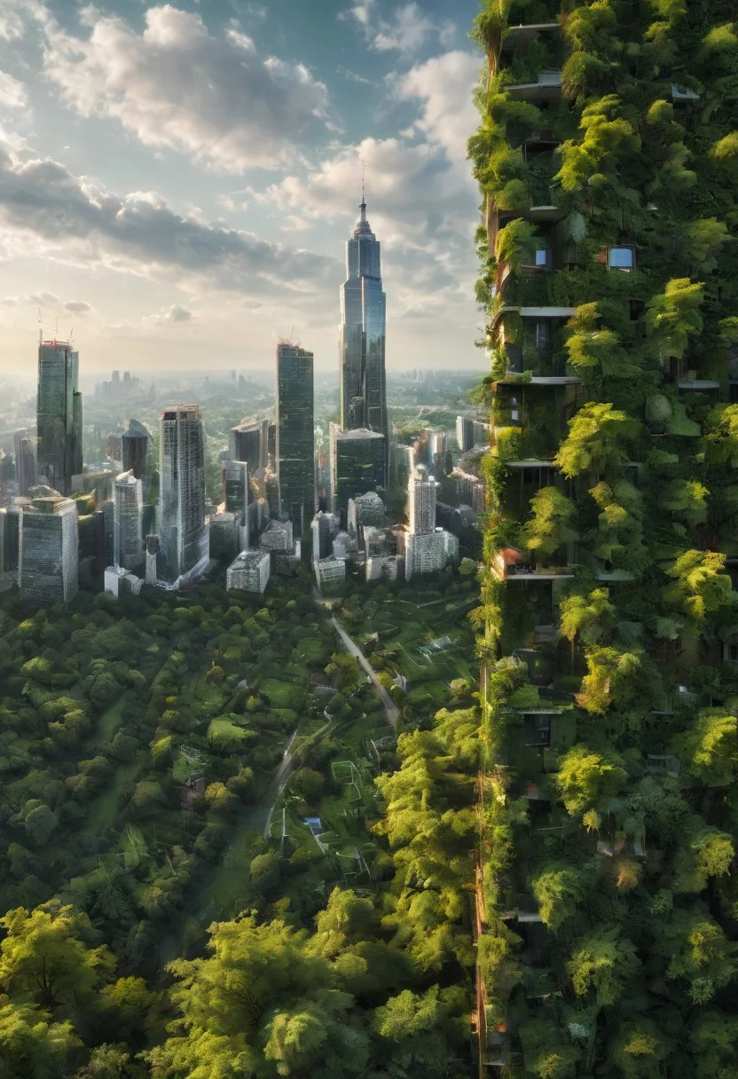 A high definition, high quality, realistic photograph of a cityscape completely integrated into nature, from the side, skyscraper, tree, detail, greenery, green space, cloud,  detailxl