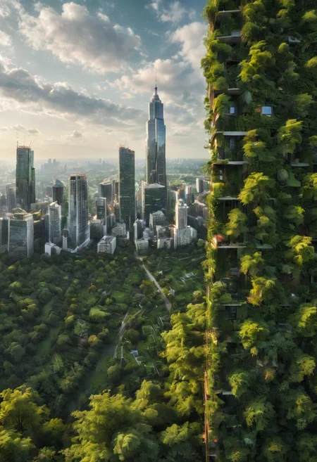 A high definition, high quality, realistic photograph of a cityscape completely integrated into nature, from the side, skyscraper, tree, detail, greenery, green space, cloud, detailxl