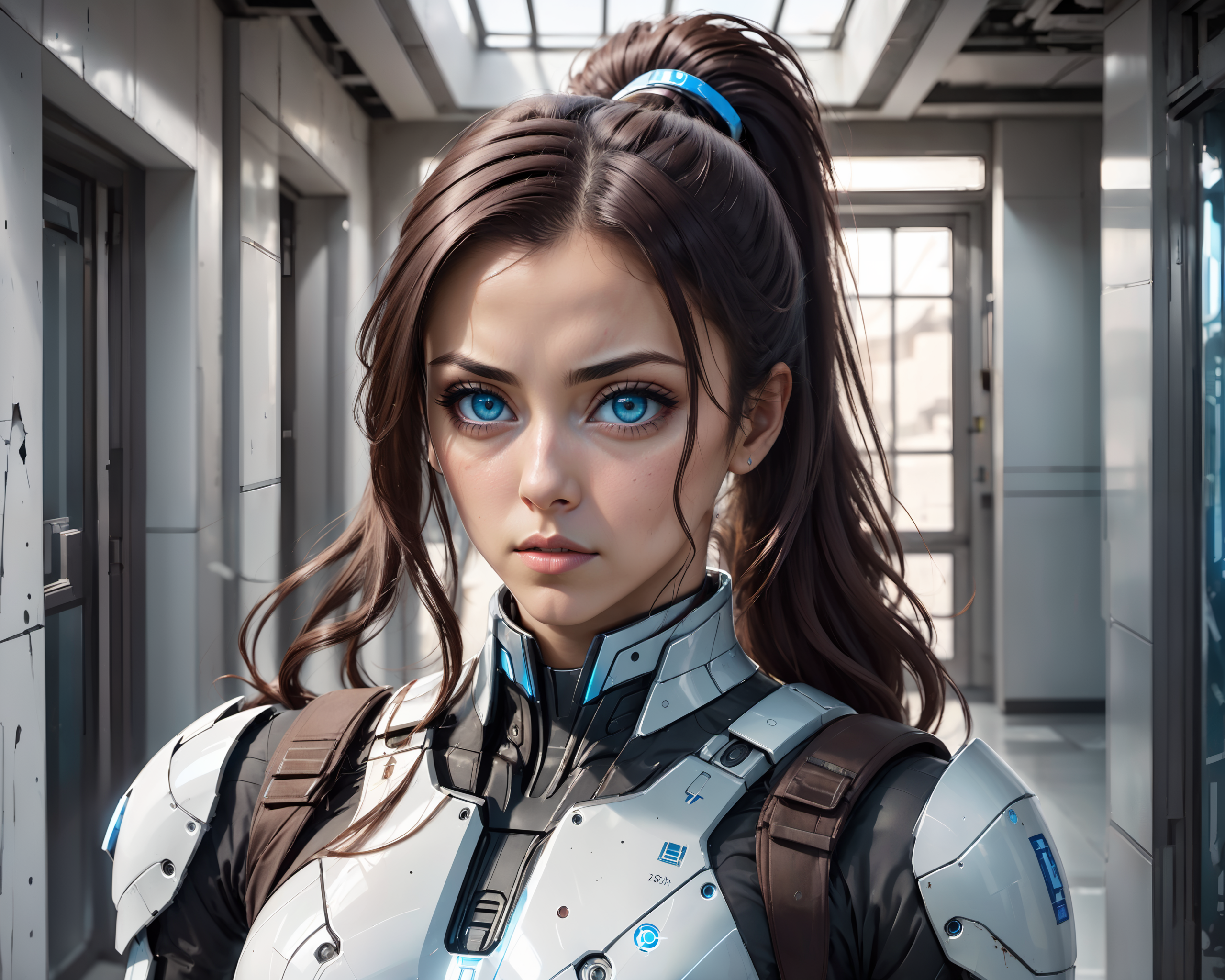 a closeup portrait photo battleworn soldier, a beautiful mature persian woman with pale blue piercing eyes, extremely detailed facial features, dark brown hair, mega ponytail, big hair, long thick hair, destruction and debris, future modern architecture, backlighting, clean white hallway in background, futuristic (shiny reflective) armor, bulky mech armor, high tech, advanced technology, (((mirrored stainless steel))), small pupils, looking beyond the camera, intense, serious, large upper body, feminine, lens flare, <lora:xl_mega_ponytail-1.0:0.9>