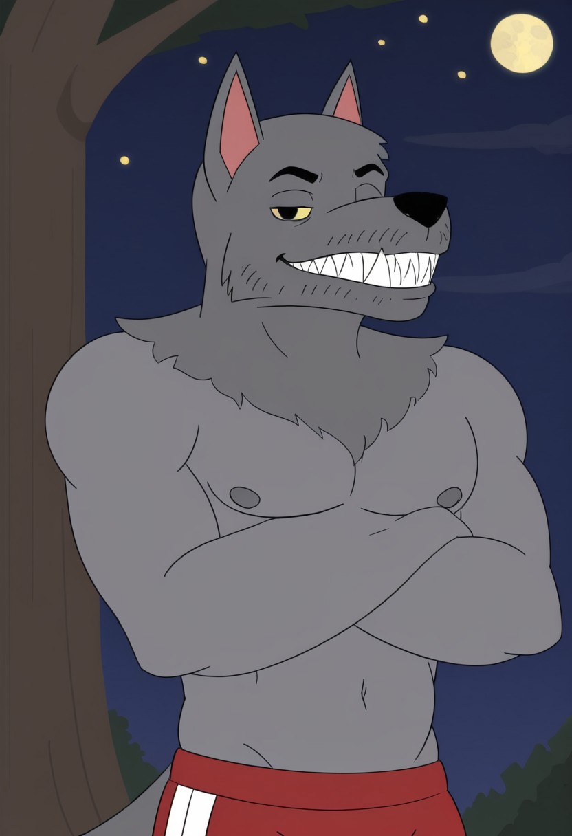 score_9, score_8_up, score_7_up, masterpiece, high quality, detailed, flat colors, solo, male, werewahlfberg, anthro, athletic, grey fur, dark grey top fur, nipples, pointed ears, black nose, yellow sclera, black eyes, eyebrows, sharp teeth, red jogging pants, half body shot, looking at viewer, chill, smiling, crossed arms, half-lidded eyes, leaning behind a tree, outdoors, night, full moon, stars, grassy plains, woods.