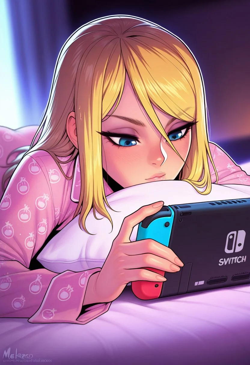 masterpiece,best quality,amazing quality,
artist: melkor,, (artist: incase:0.7), white outline glow, long wet hair, chromatic abberation, blurred background, dimmed background,
1 girl, gaming, playing the nintendo switch, relaxing and playing the switch, lying in bed,
Samus Aran (Metroid series),
Soft Pink patterned pajamas, relaxing,  default location,
detailed character, detailed face, detailed skin, detailed hair, detailed clothing