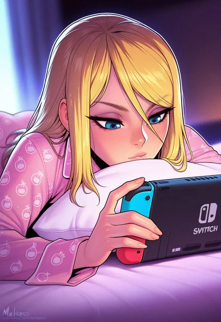 masterpiece,best quality,amazing quality,
artist: melkor,, (artist: incase:0.7), white outline glow, long wet hair, chromatic abberation, blurred background, dimmed background,
1 girl, gaming, playing the nintendo switch, relaxing and playing the switch, lying in bed,
Samus Aran (Metroid series),
Soft Pink patterned pajamas, relaxing, default location,
detailed character, detailed face, detailed skin, detailed hair, detailed clothing
