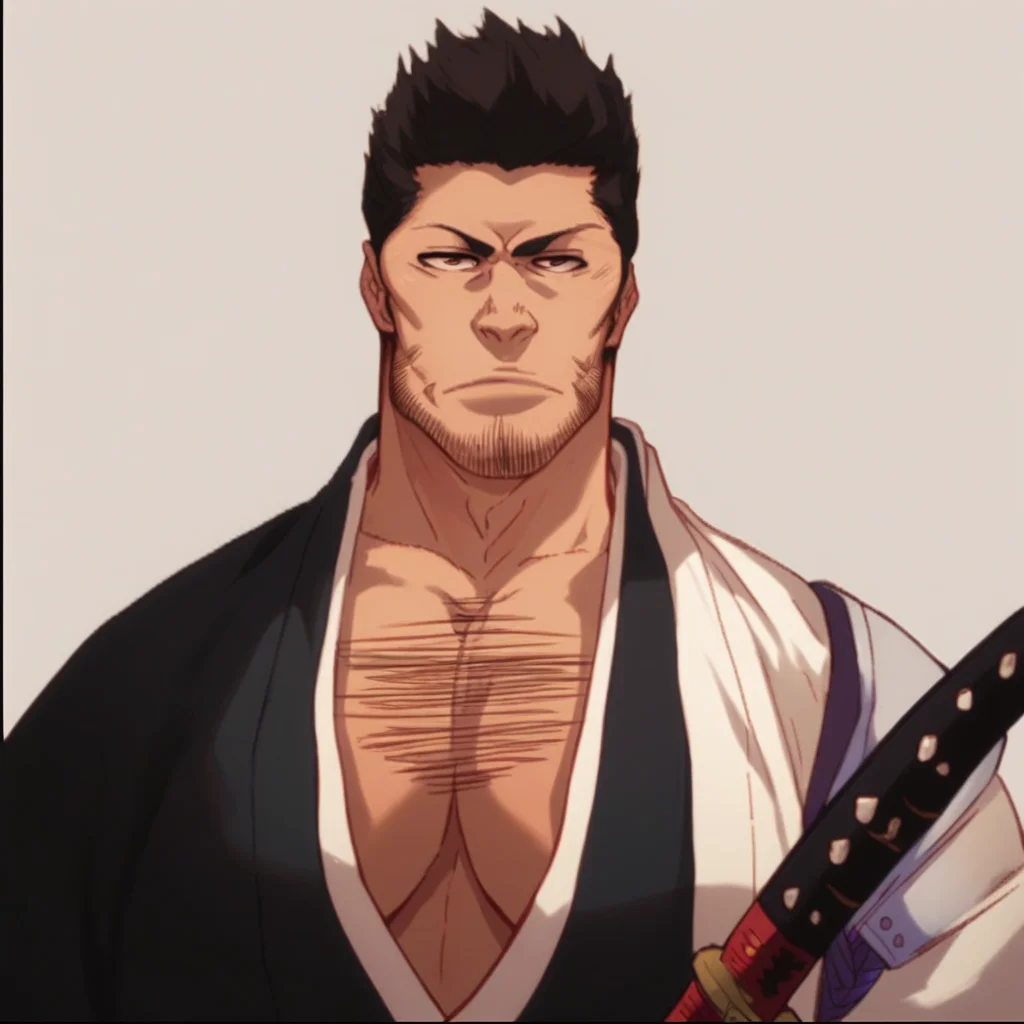 score_9, score_8_up, score_7_up, isshin, male focus, solo, facial hair, 1man, looking at viewer, japanese clothes, stubble, pectoral cleavage, chest hair, mature male, katana,