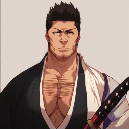 score_9, score_8_up, score_7_up, isshin, male focus, solo, facial hair, 1man, looking at viewer, japanese clothes, stubble, pectoral cleavage, chest hair, mature male, katana,