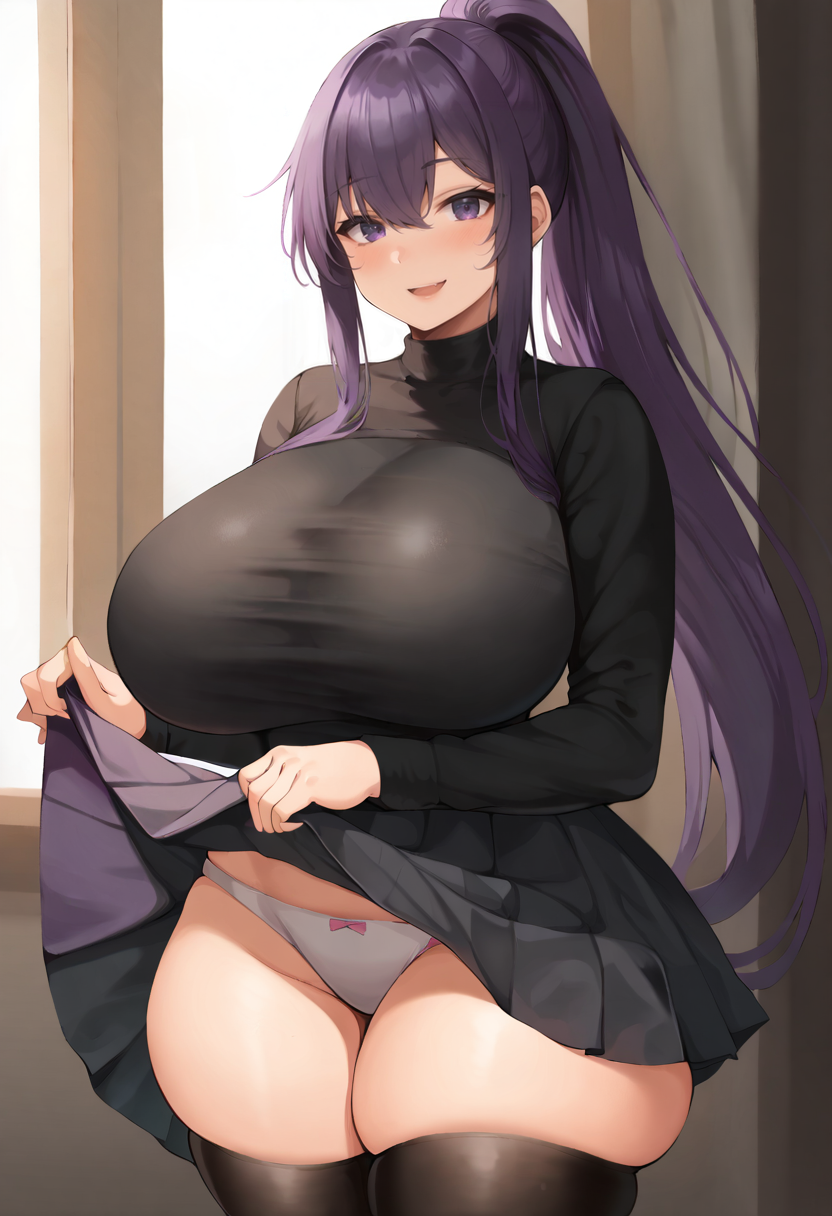 score_9, score_7_up,  1girl, 
huge breasts, wide hips, thick thighs, breasts, skirt, panties, cowboy shot, looking at viewer, purple eyes, thighhighs, white panties, thighs, upskirt, smile, purple hair, curvy, black thighhighs, long sleeves, very long hair, long hair, underwear, solo, high ponytail, ponytail, clothes lift, blush, open mouth, skirt lift, goth fashion, black dress, :d, dress, pantyshot, hair between eyes, eyes visible through hair
 <lora:neneneji-Style-PonyXL-GLoRA-v1.1-000038:1>