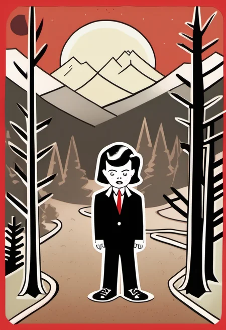 a still from Twin Peaks (The Illustrated Children's Storybook style:1.2) <lora:Everly_Heights_Comics:1>