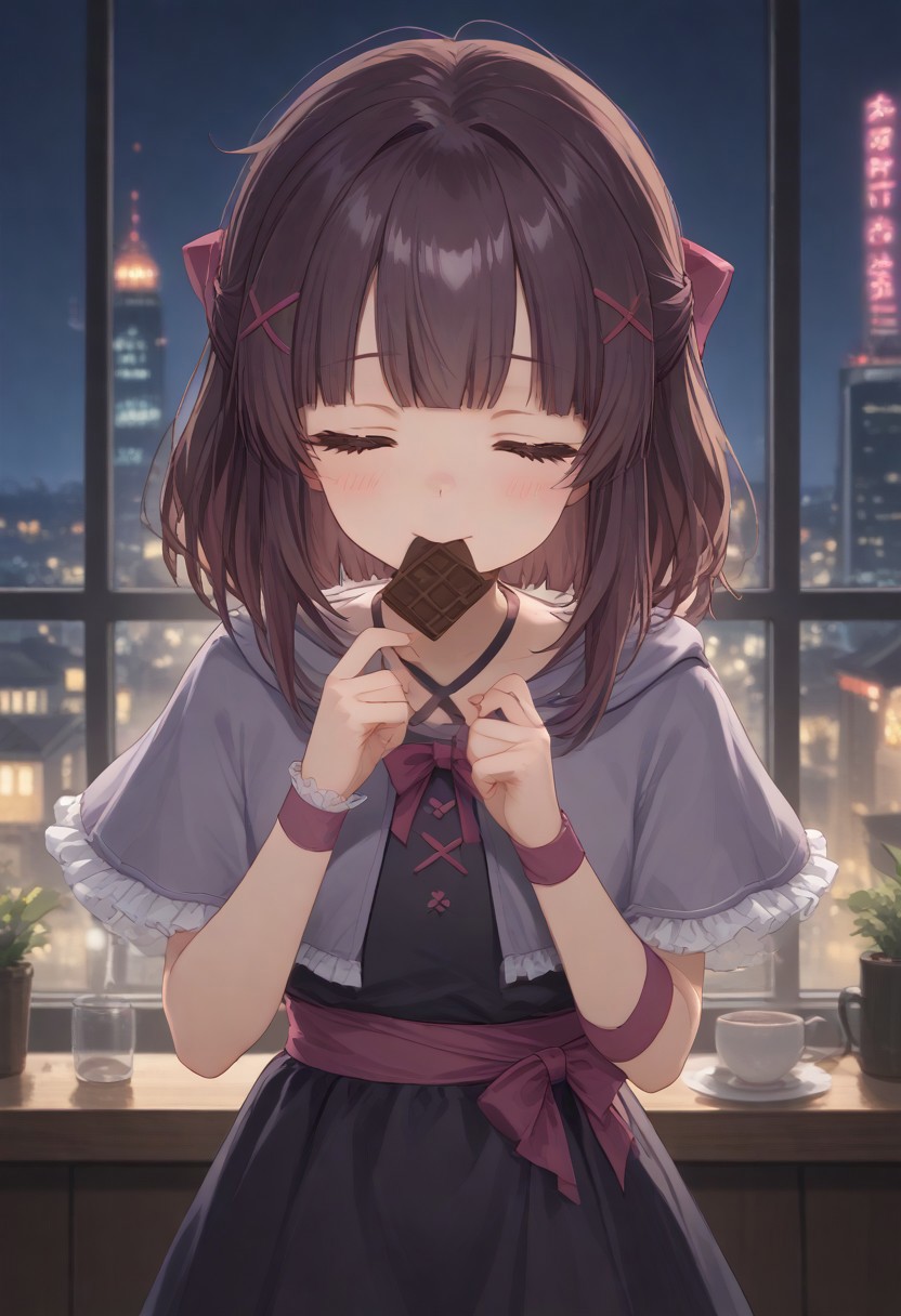 1girl, solo, solo focus, highres, absurdres, Shondo1st, bangs, closed eyes, hair bow, brown hair, medium hair, petite, sidelocks, flat chest, black dress, criss-cross halter, frilled dress, waist bow, pink bow, single wrist cuff, arm ribbon, pink ribbon, pink choker, chocolate, food-themed clothes, collarbone, grey capelet, hooded capelet, hood down,
looking at viewer, holding food, eating, happy, onigiri,
cafe, window, cityscape, neon lights, night, night sky, dark, backlighting,