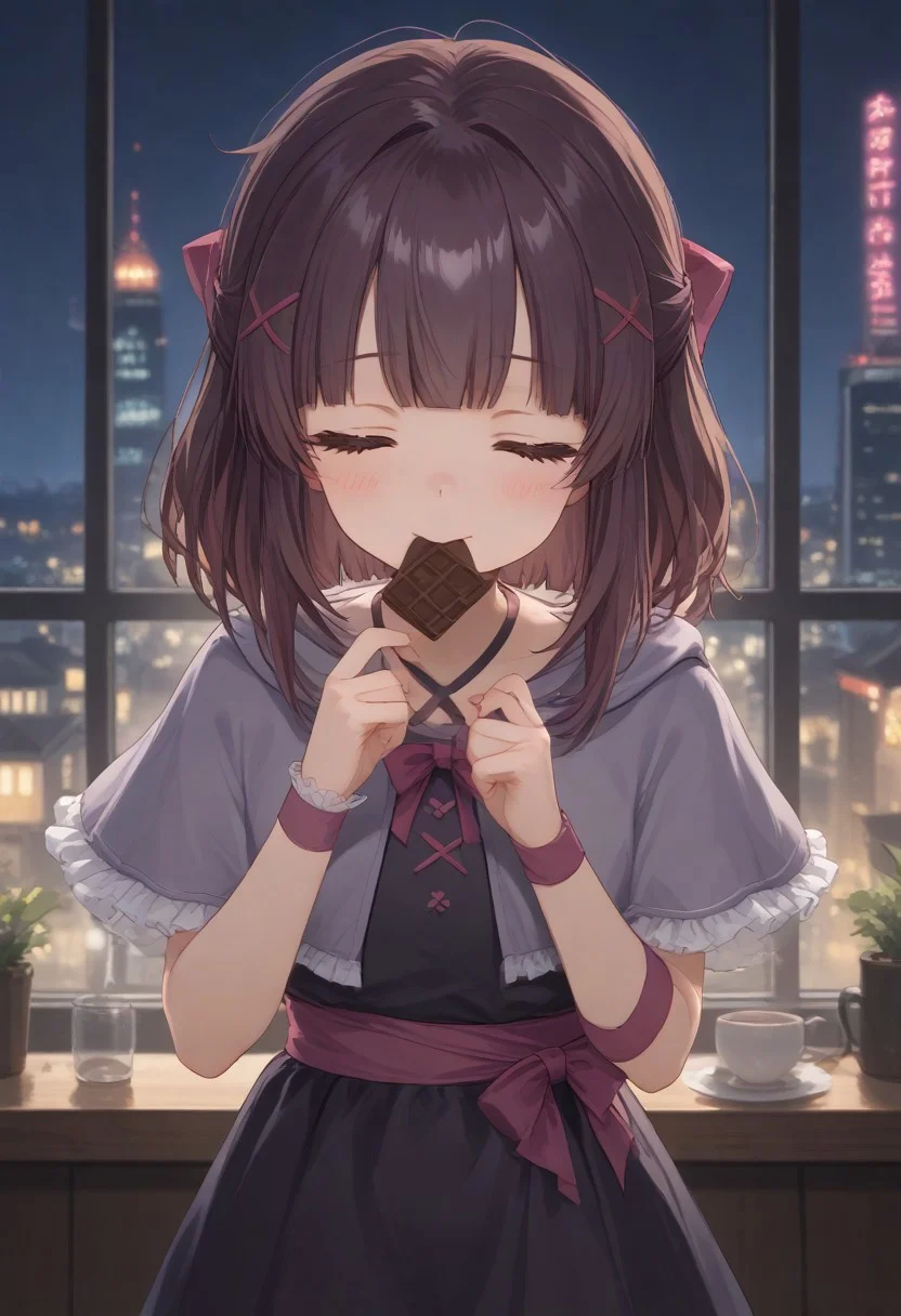 1girl, solo, solo focus, highres, absurdres, Shondo1st, bangs, closed eyes, hair bow, brown hair, medium hair, petite, sidelocks, flat chest, black dress, criss-cross halter, frilled dress, waist bow, pink bow, single wrist cuff, arm ribbon, pink ribbon, pink choker, chocolate, food-themed clothes, collarbone, grey capelet, hooded capelet, hood down,
looking at viewer, holding food, eating, happy, onigiri,
cafe, window, cityscape, neon lights, night, night sky, dark, backlighting,