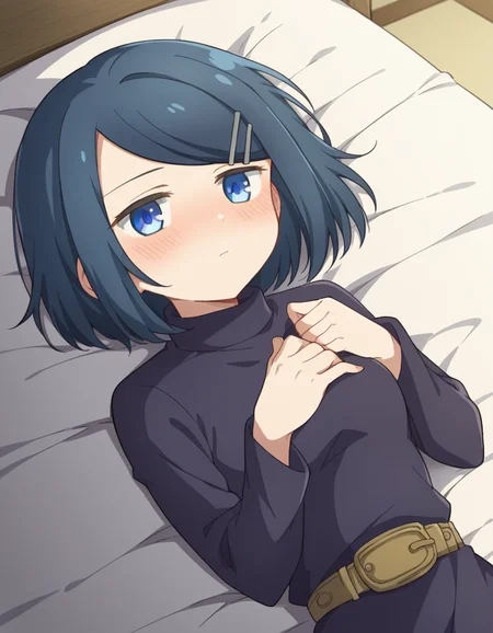 score_9, score_8_up, score_7_up, source_anime, <lora:dungeonpeople-clay-s1-ponyxl-lora-nochekaiser:1>, clay, short hair, blue eyes, black hair, hair ornament, blue hair, hairclip, swept bangs,, dress, belt, long sleeves, turtleneck,, indoors, bed, bed room, on side, blush, drunk,, , looking at viewer, hands on own chest,, solo,, cowboy shot, dutch angle
